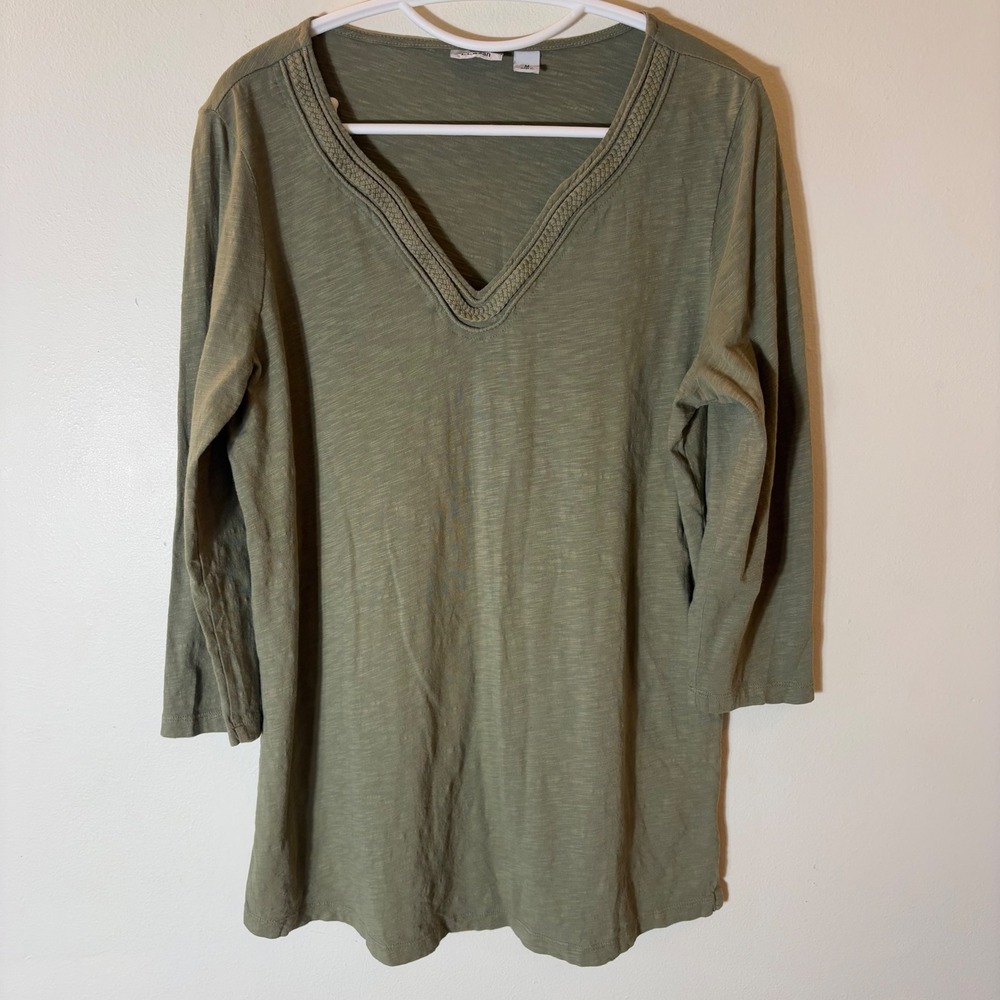 L.L. Bean V-Neck Braided Trim Top Size Medium Olive Green